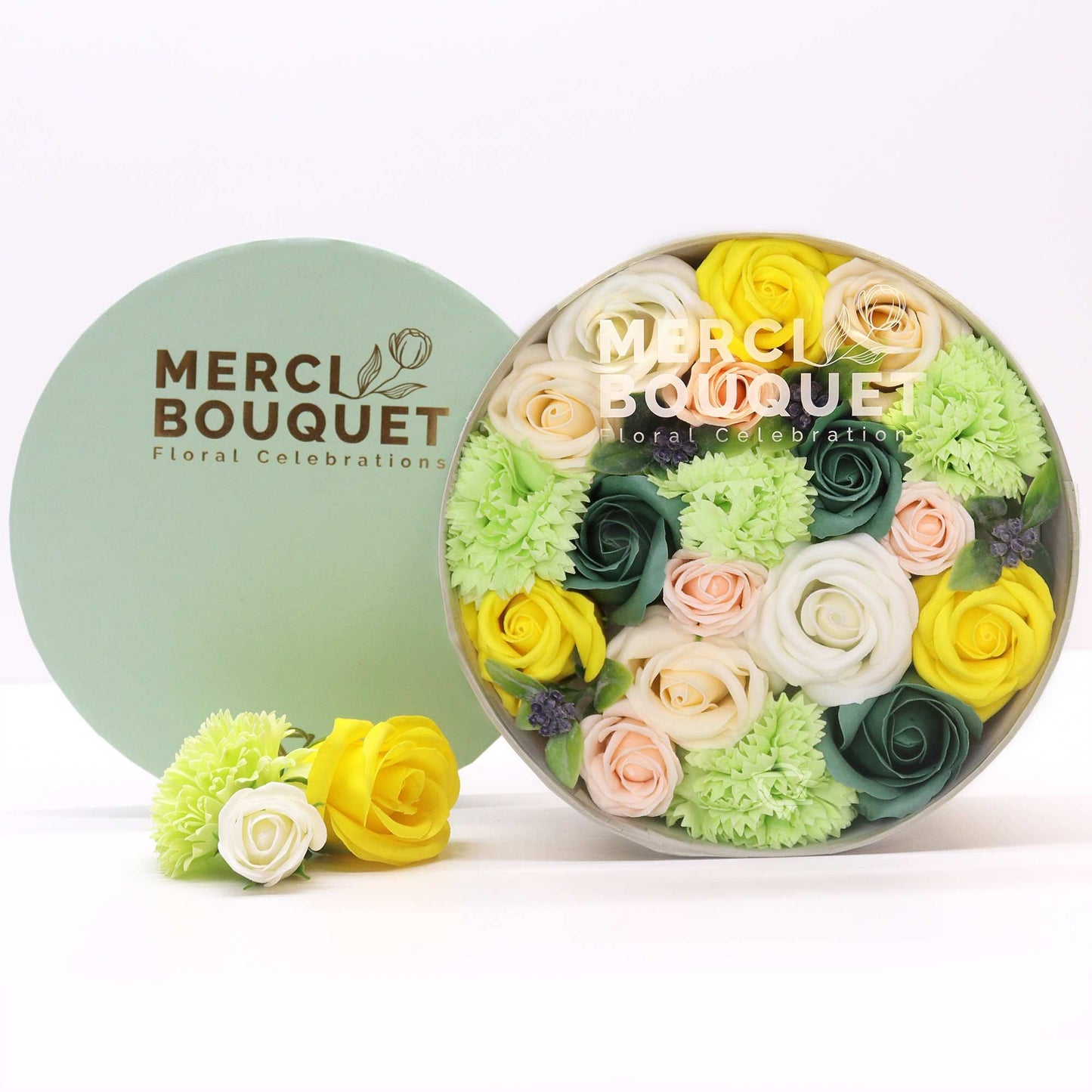 Soap Flowers Round Box - Spring Celebrations - Yellow & Greens