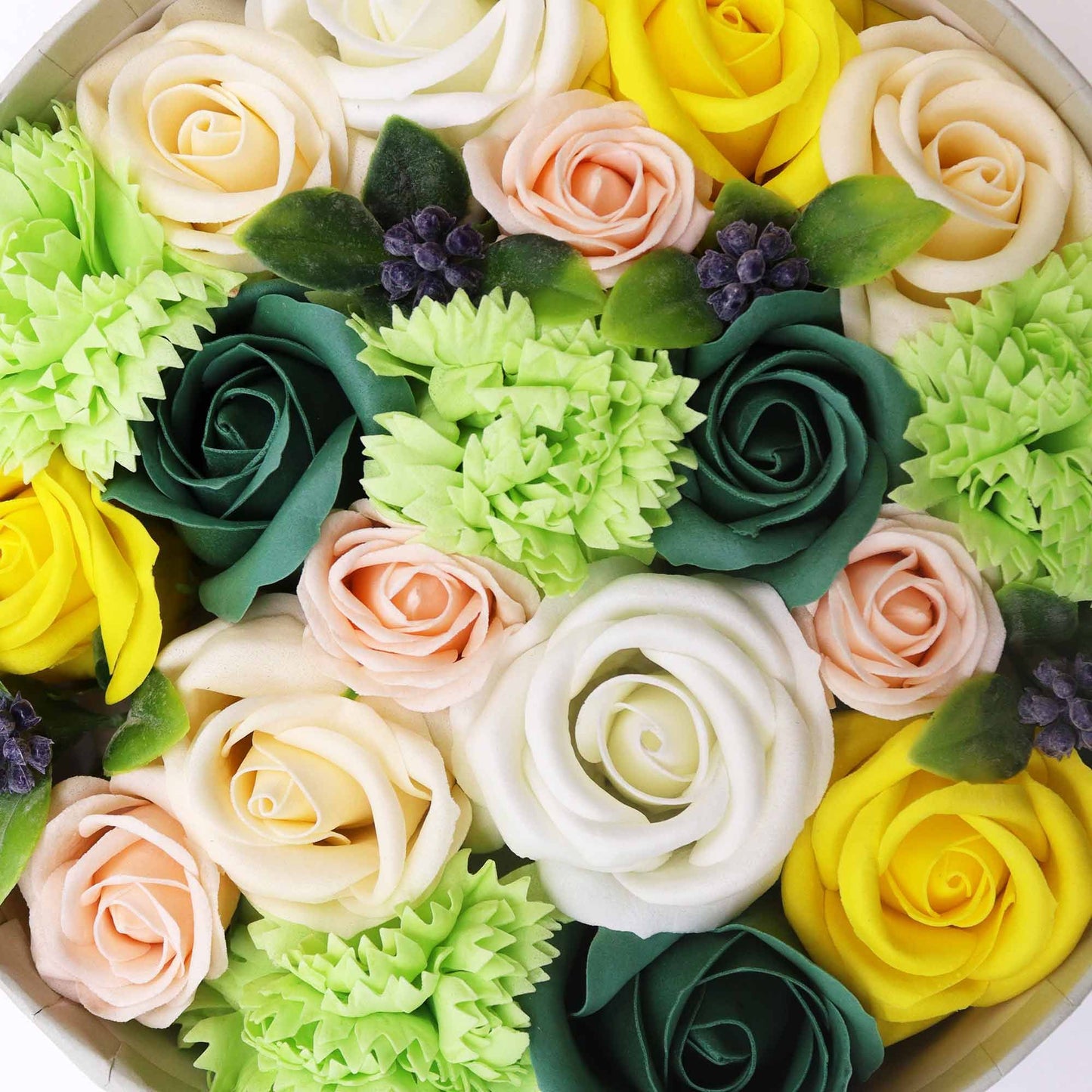 Soap Flowers Round Box - Spring Celebrations - Yellow & Greens