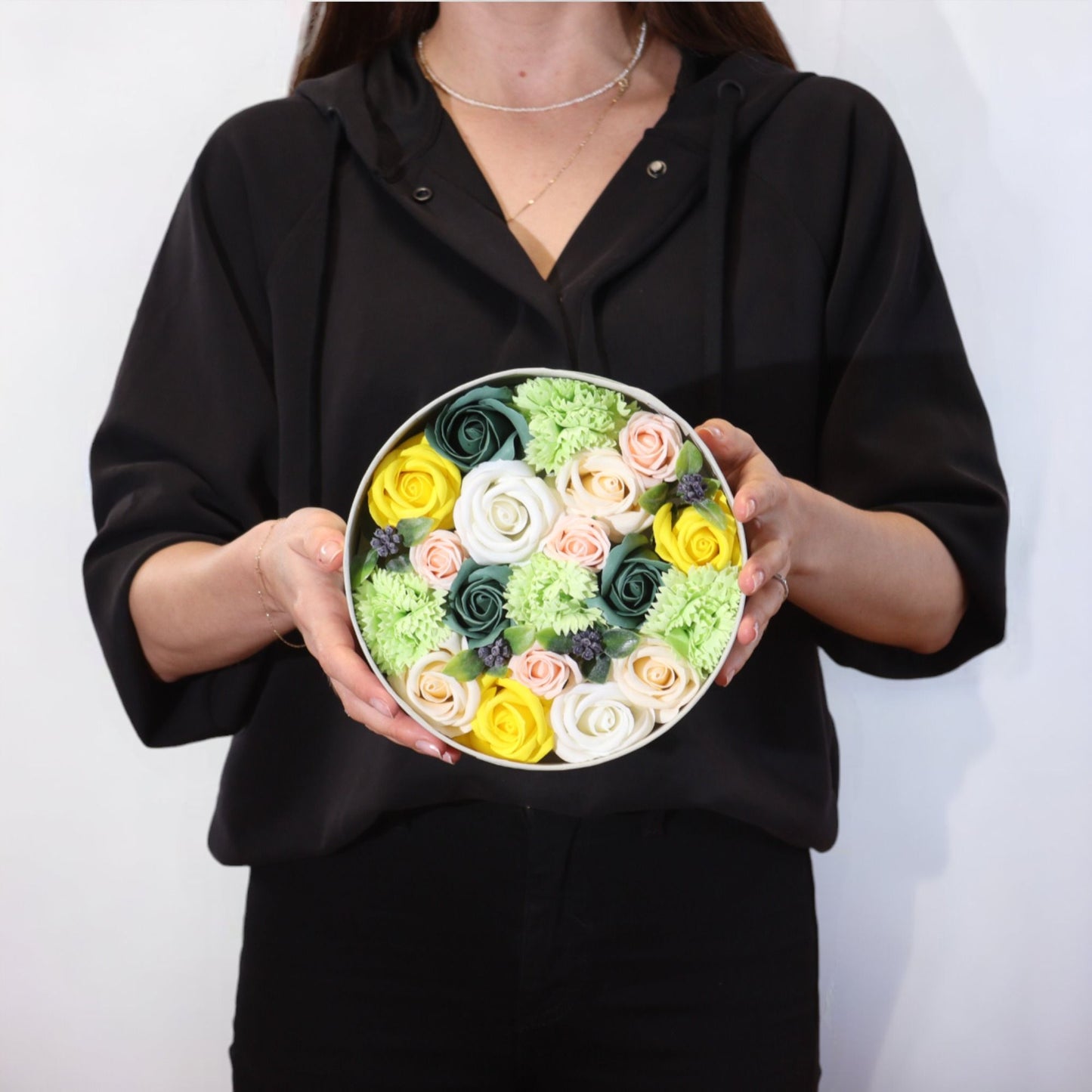 Soap Flowers Round Box - Spring Celebrations - Yellow & Greens