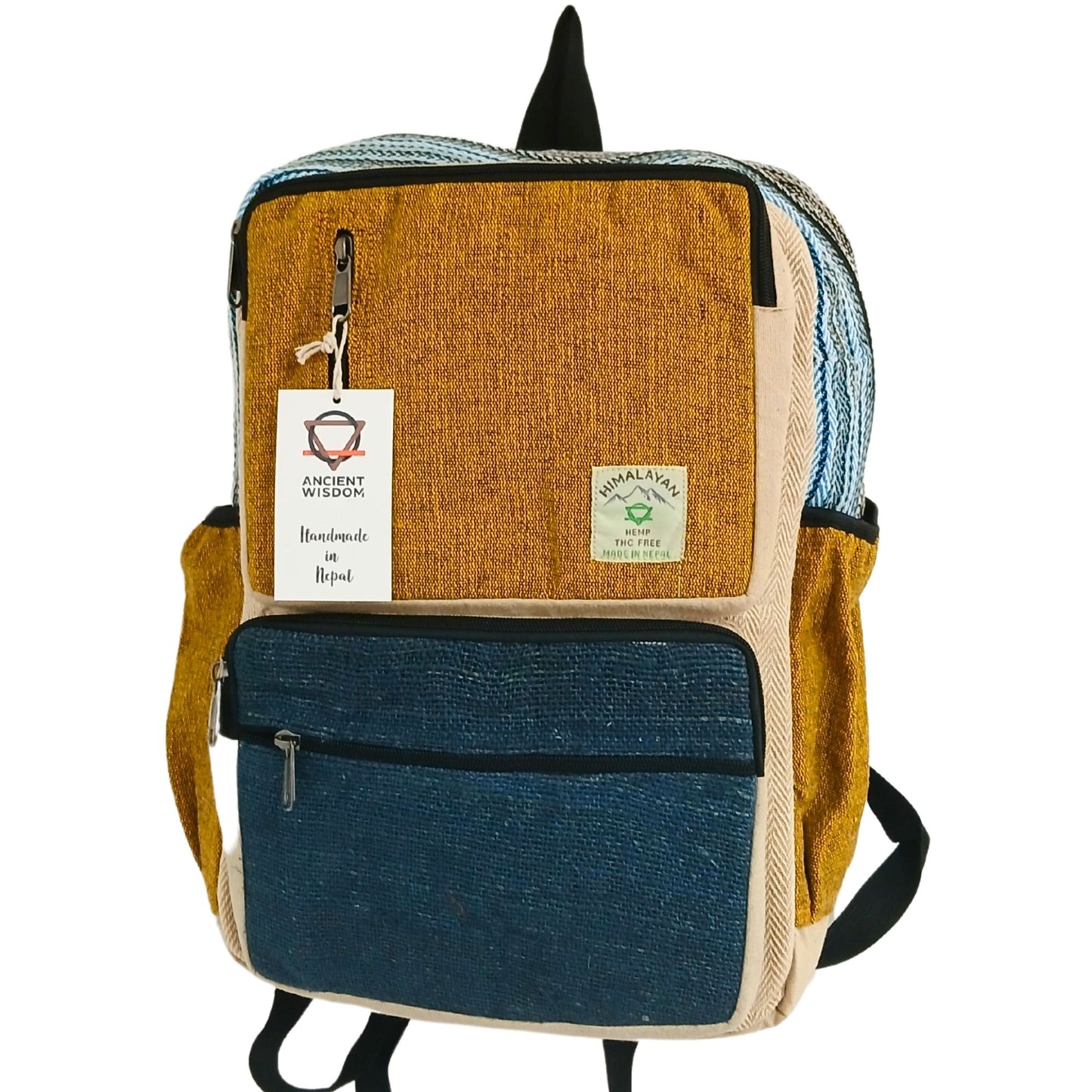 Large Boxy Hemp Backpack - Teal & Turmeric