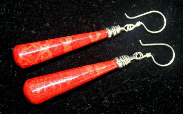 925 Silver Earrings - Coral Imitation - Long Teardrop