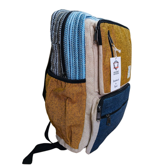 Large Boxy Hemp Backpack - Teal & Turmeric